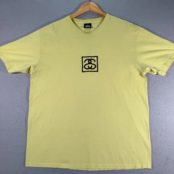 Vintage Stussy Box Embroidered T-Shirt Mens Large Yellow Classic Streetwear Rare - Picture 1 of 9